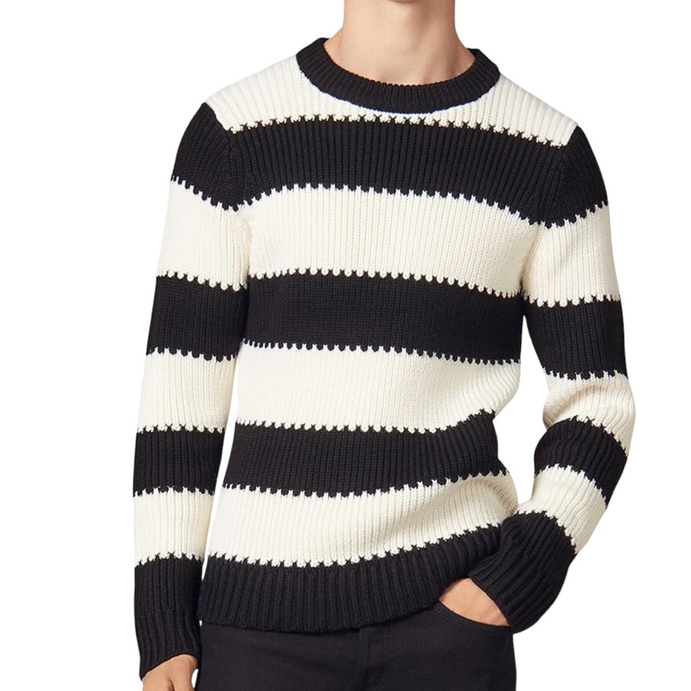 Men's Sandro Black & White Striped Ribbed Crewneck Sweater
